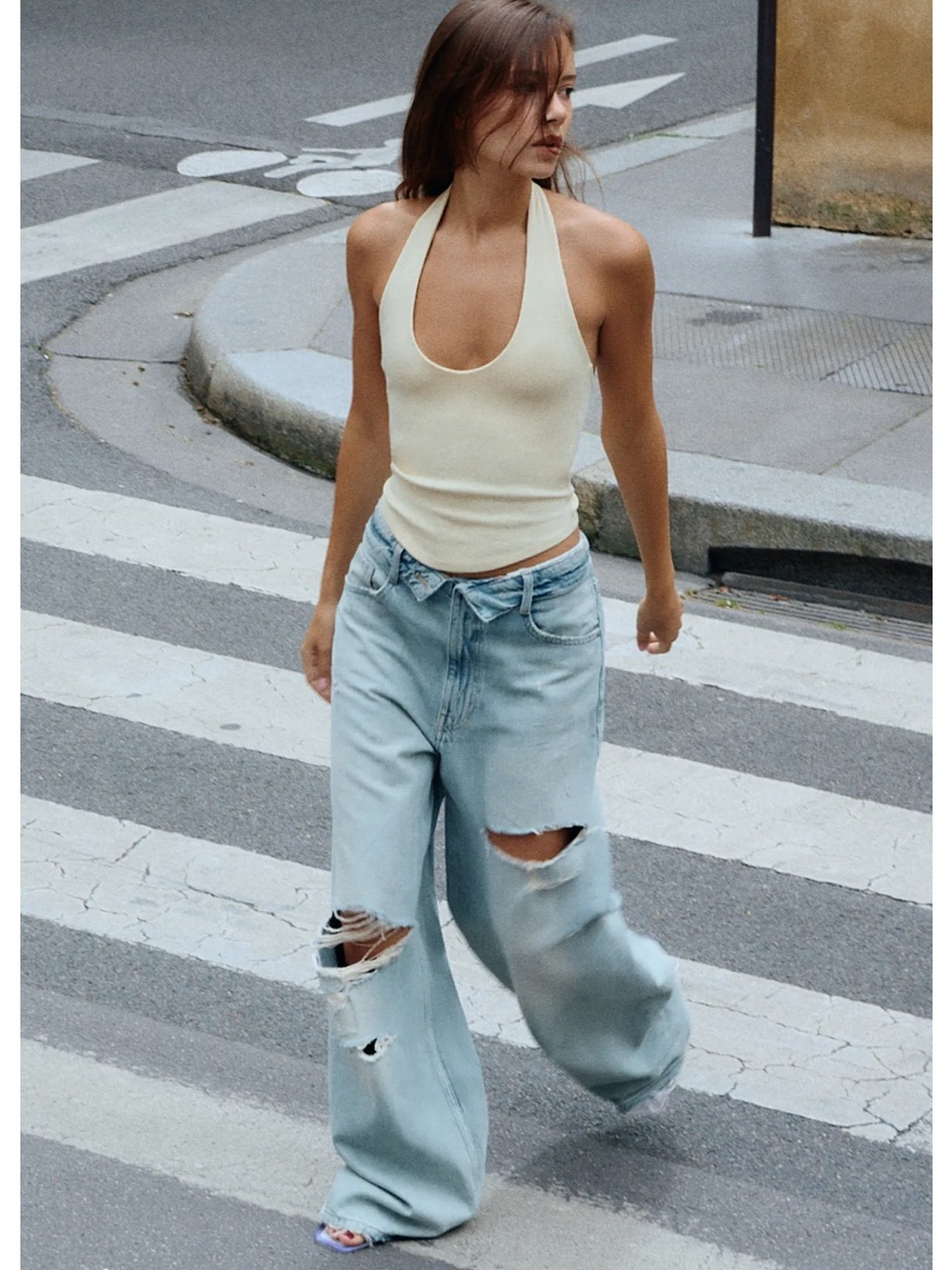 Zara Light Blue Wide-Leg Ripped Jeans